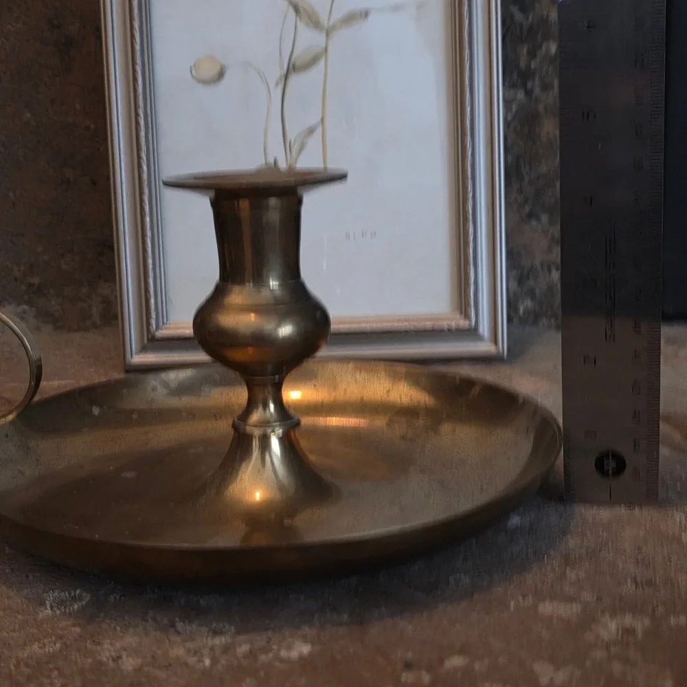 Vintage Brass Chamberstick Candle Holder Finger Loop Saucer Base Made in India